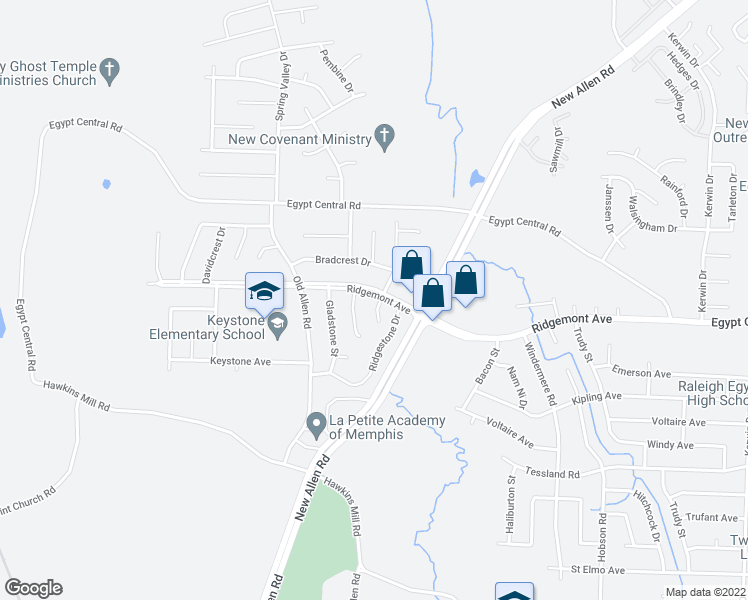 map of restaurants, bars, coffee shops, grocery stores, and more near 3455 Ridgemont Avenue in Memphis