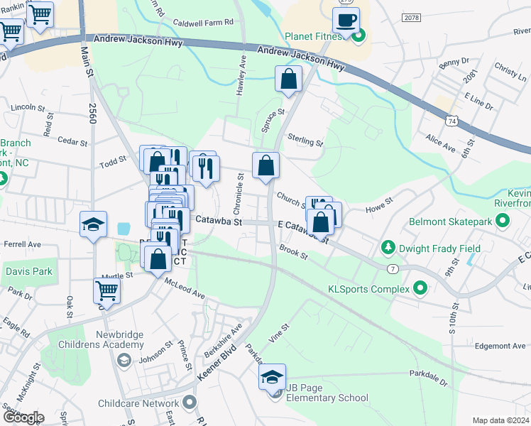 map of restaurants, bars, coffee shops, grocery stores, and more near 105 Park Street in Belmont