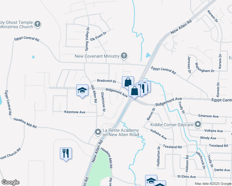 map of restaurants, bars, coffee shops, grocery stores, and more near 3447 Ridgemont Road in Memphis