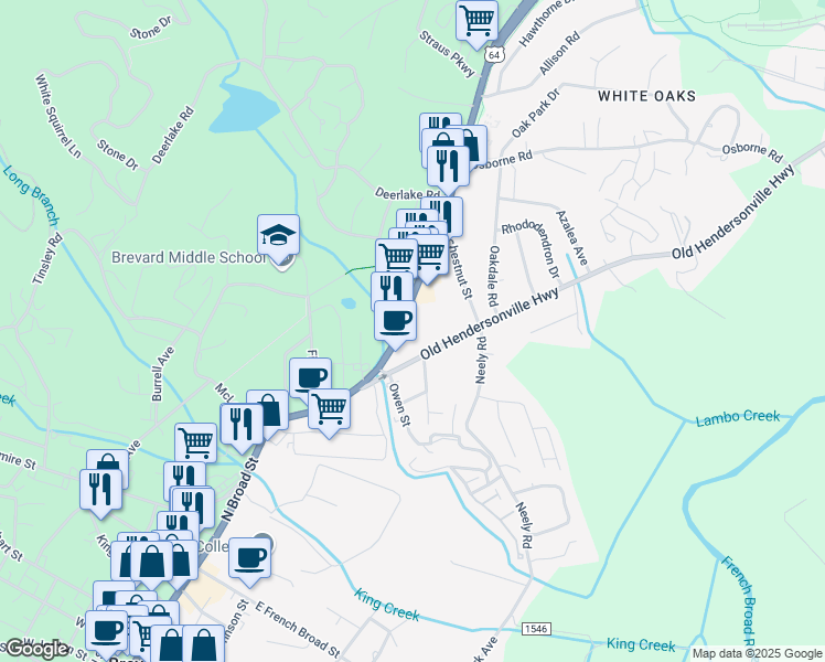 map of restaurants, bars, coffee shops, grocery stores, and more near 114 Asheville Highway in Brevard