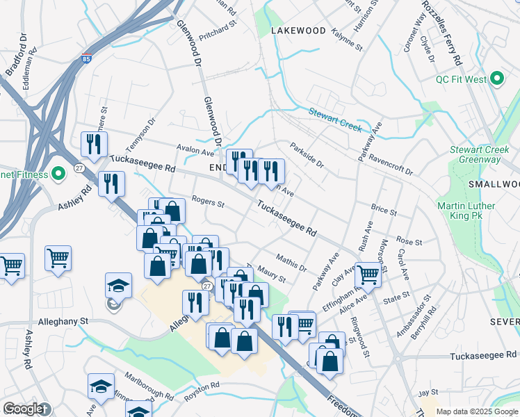 map of restaurants, bars, coffee shops, grocery stores, and more near 3315 Tuckaseegee Rd in Charlotte