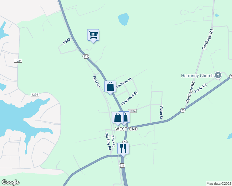 map of restaurants, bars, coffee shops, grocery stores, and more near North Carolina 211 in Seven Lakes