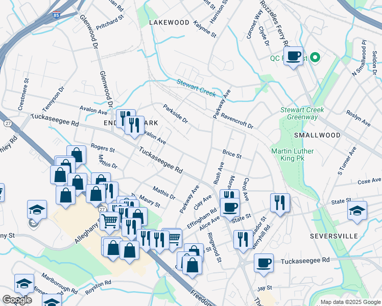 map of restaurants, bars, coffee shops, grocery stores, and more near 3100 Avalon Avenue in Charlotte