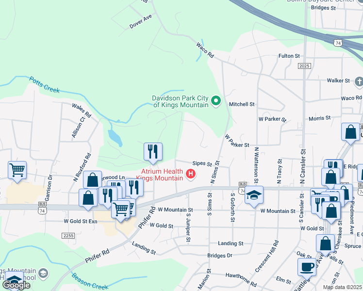 map of restaurants, bars, coffee shops, grocery stores, and more near 206 Edgemont Drive in Kings Mountain