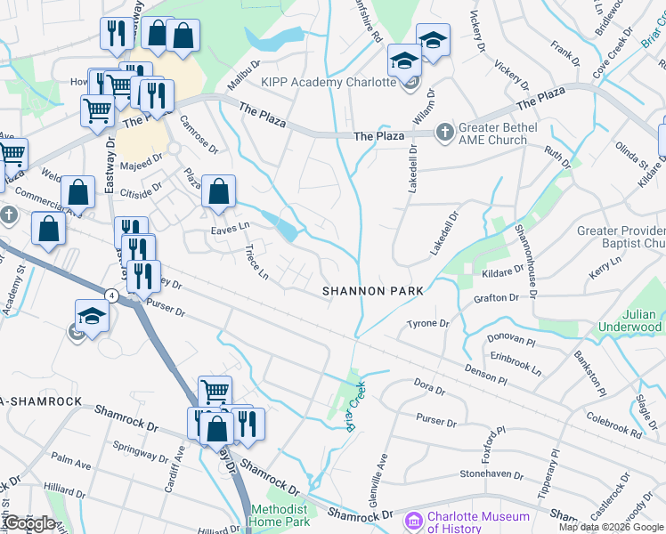 map of restaurants, bars, coffee shops, grocery stores, and more near 1748 Holliford Court in Charlotte