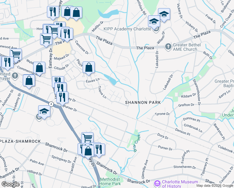 map of restaurants, bars, coffee shops, grocery stores, and more near 5107 Snowdrop Drive in Charlotte