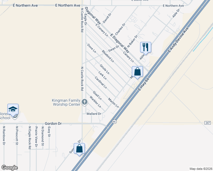 map of restaurants, bars, coffee shops, grocery stores, and more near 3630 Lark Lane in Kingman