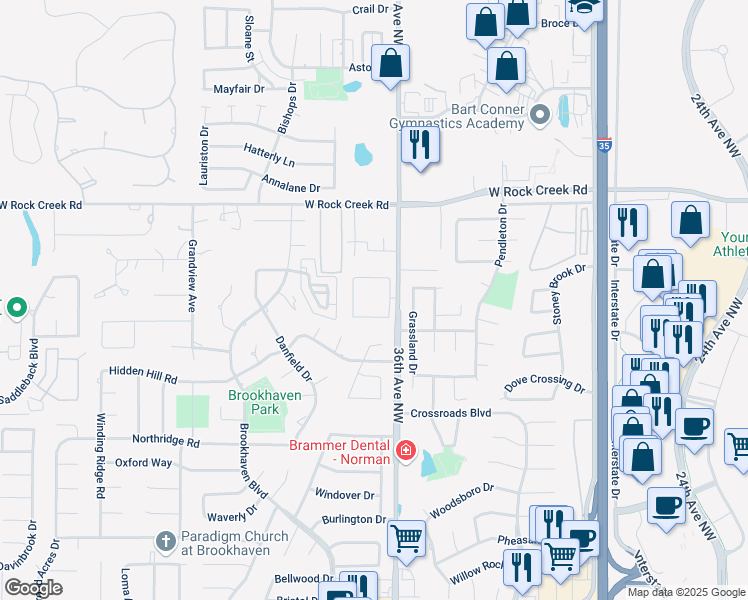 map of restaurants, bars, coffee shops, grocery stores, and more near 2100 36th Avenue Northwest in Norman