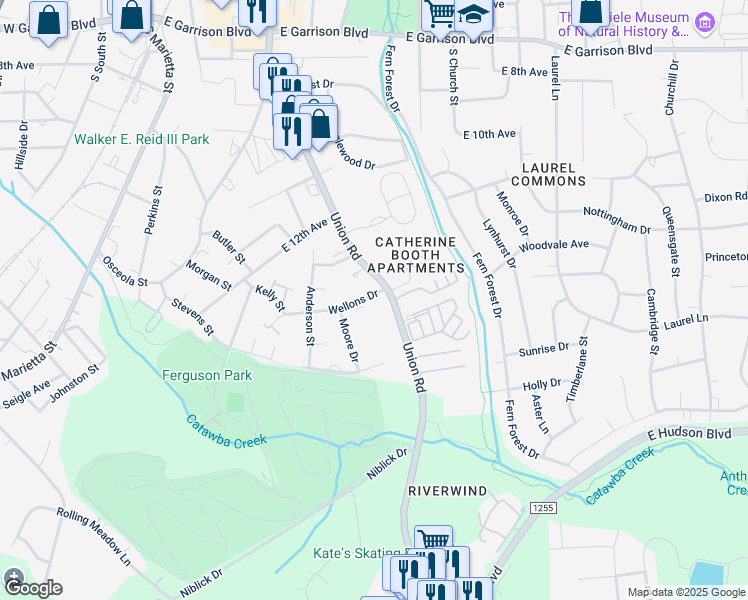 map of restaurants, bars, coffee shops, grocery stores, and more near 725 Wellons Drive in Gastonia