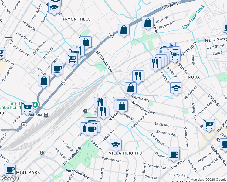 map of restaurants, bars, coffee shops, grocery stores, and more near 423 Charles Avenue in Charlotte