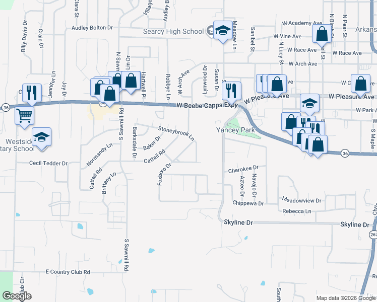 map of restaurants, bars, coffee shops, grocery stores, and more near 8 Foxboro Drive in Searcy