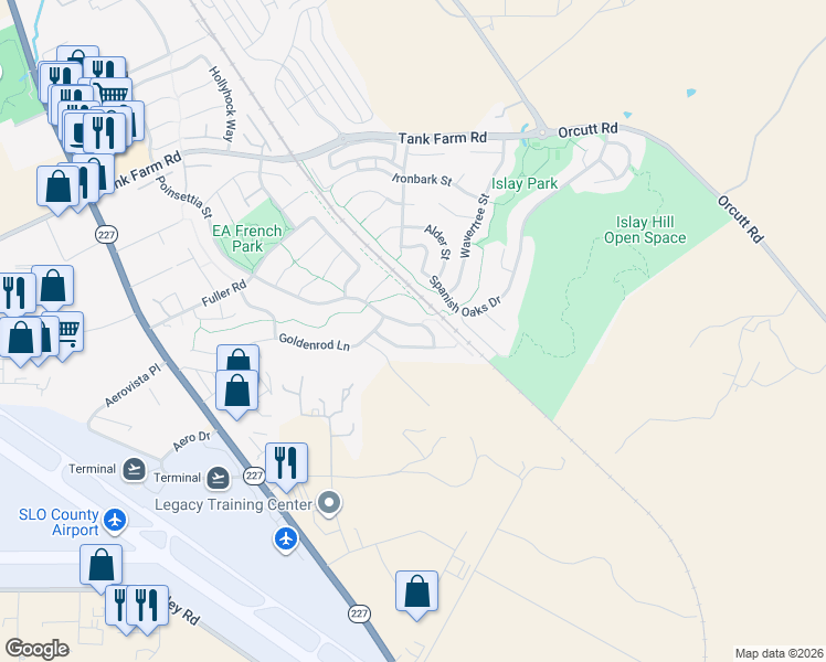 map of restaurants, bars, coffee shops, grocery stores, and more near 4659 Poinsettia Street in San Luis Obispo