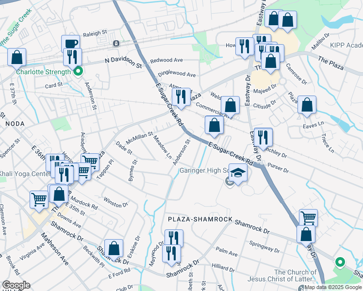 map of restaurants, bars, coffee shops, grocery stores, and more near 1901 Anderson Street in Charlotte