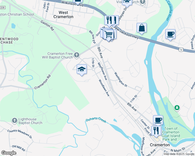 map of restaurants, bars, coffee shops, grocery stores, and more near 397 Woodlawn Avenue in Cramerton