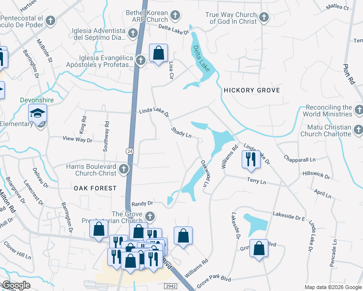 map of restaurants, bars, coffee shops, grocery stores, and more near 6422 Teague Lane in Charlotte