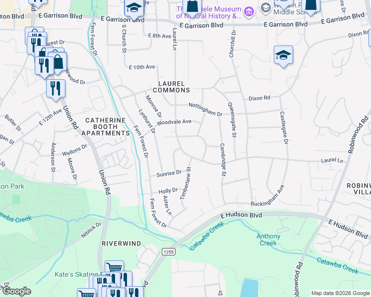 map of restaurants, bars, coffee shops, grocery stores, and more near 1424 Laurel Lane in Gastonia