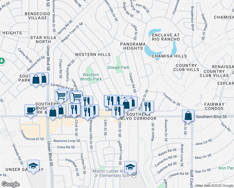 map of restaurants, bars, coffee shops, grocery stores, and more near 767 Stallion Road Southeast in Rio Rancho