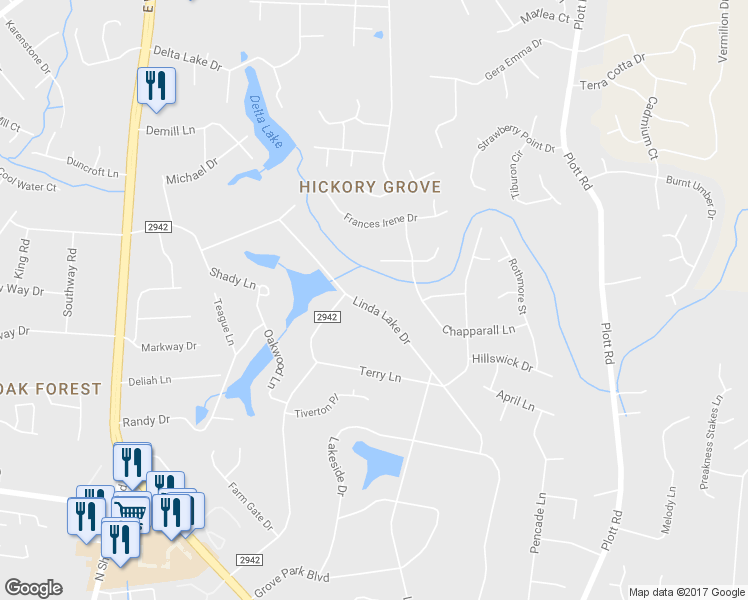 map of restaurants, bars, coffee shops, grocery stores, and more near 7214 Linda Lake Drive in Charlotte