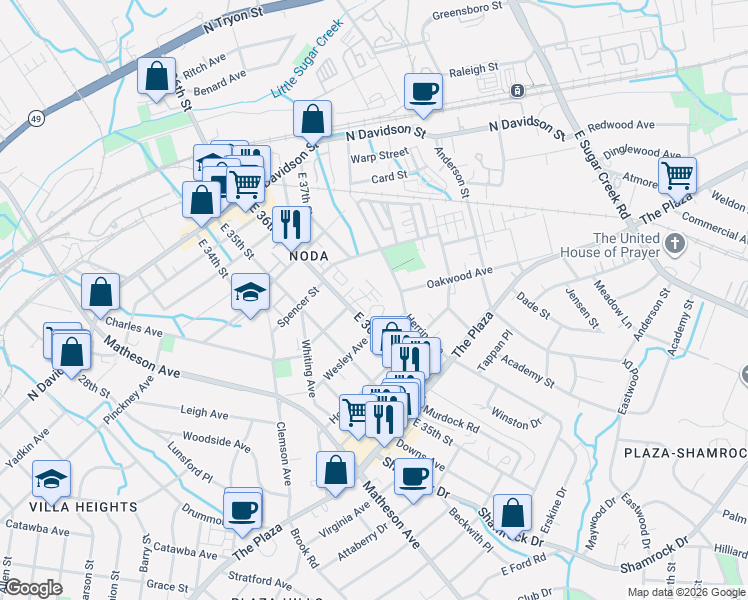 map of restaurants, bars, coffee shops, grocery stores, and more near in Charlotte