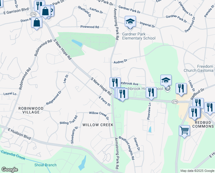 map of restaurants, bars, coffee shops, grocery stores, and more near 1684 South New Hope Road in Gastonia