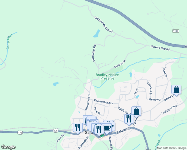 map of restaurants, bars, coffee shops, grocery stores, and more near 501 Esseola Street in Saluda