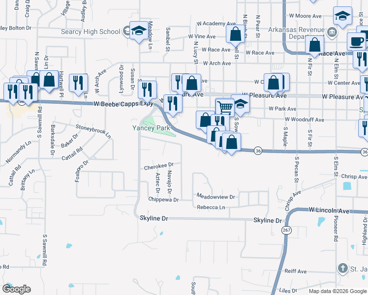 map of restaurants, bars, coffee shops, grocery stores, and more near 130 Western Hills Drive in Searcy