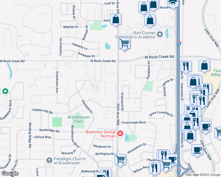 map of restaurants, bars, coffee shops, grocery stores, and more near 2100 36th Avenue Northwest in Norman