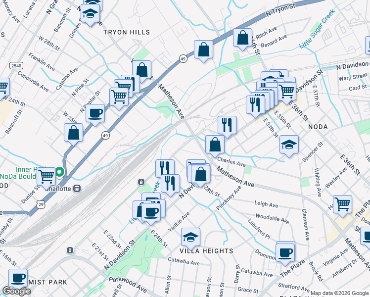 map of restaurants, bars, coffee shops, grocery stores, and more near 2501-2599 N Brevard St in Charlotte