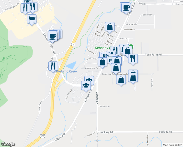 map of restaurants, bars, coffee shops, grocery stores, and more near 53 Del Sol Court in San Luis Obispo