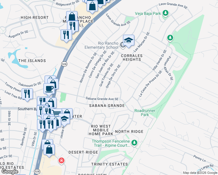 map of restaurants, bars, coffee shops, grocery stores, and more near 806 Oreja De Oro Drive Southeast in Rio Rancho