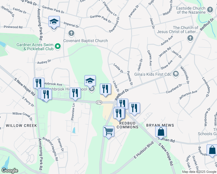 map of restaurants, bars, coffee shops, grocery stores, and more near 2320 South New Hope Road in Gastonia