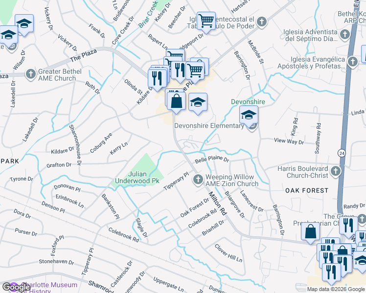 map of restaurants, bars, coffee shops, grocery stores, and more near 2001 Milton Road in Charlotte
