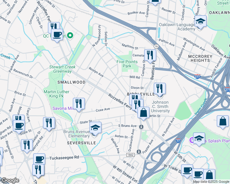 map of restaurants, bars, coffee shops, grocery stores, and more near 214 Lima Avenue in Charlotte