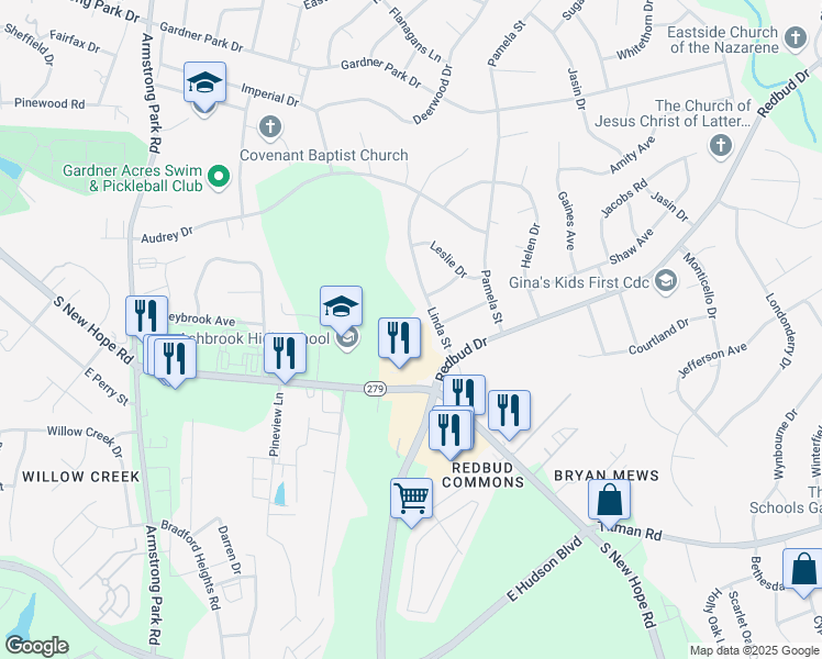 map of restaurants, bars, coffee shops, grocery stores, and more near 2320 South New Hope Road in Gastonia