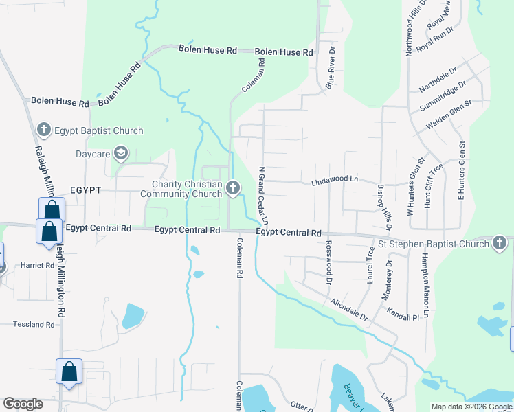 map of restaurants, bars, coffee shops, grocery stores, and more near 4330 North Grand Cedar Lane in Memphis
