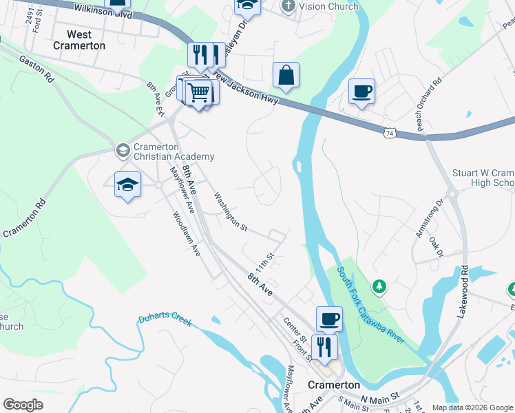 map of restaurants, bars, coffee shops, grocery stores, and more near 3035 Misty Harbor Circle in Cramerton