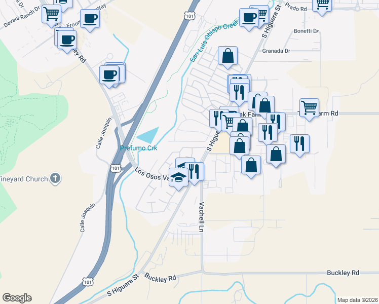map of restaurants, bars, coffee shops, grocery stores, and more near 53 Del Sol Court in San Luis Obispo