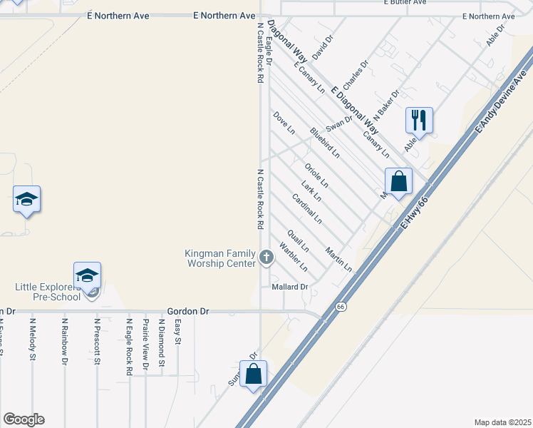 map of restaurants, bars, coffee shops, grocery stores, and more near 4155 Eagle Drive in Kingman