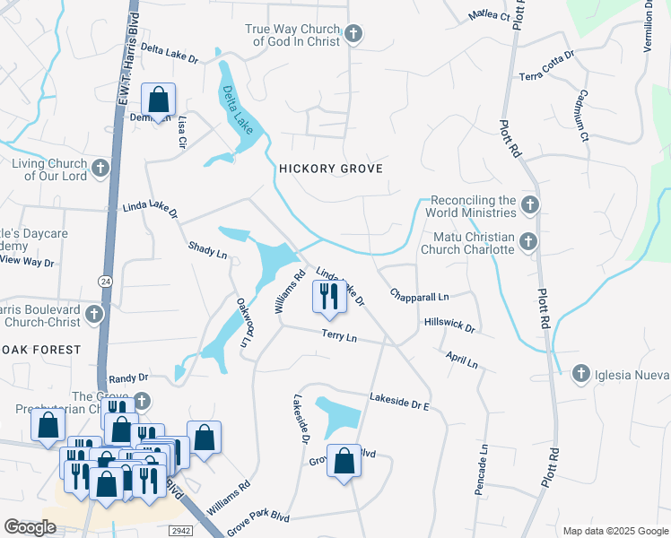 map of restaurants, bars, coffee shops, grocery stores, and more near 7214 Linda Lake Drive in Charlotte