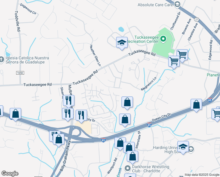 map of restaurants, bars, coffee shops, grocery stores, and more near 3206 Reid Brook Lane in Charlotte
