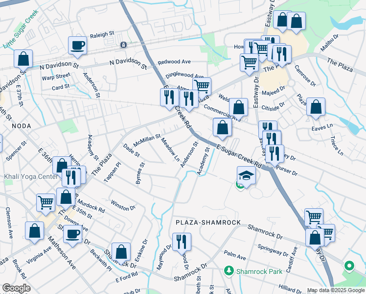 map of restaurants, bars, coffee shops, grocery stores, and more near 1901 Anderson Street in Charlotte