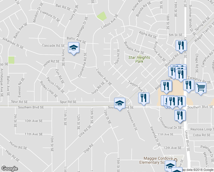 map of restaurants, bars, coffee shops, grocery stores, and more near 840 Navajo Lane Southeast in Rio Rancho