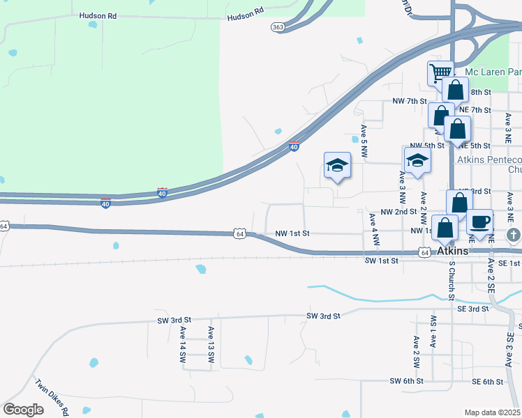 map of restaurants, bars, coffee shops, grocery stores, and more near 205 Avenue 10 Northwest in Atkins