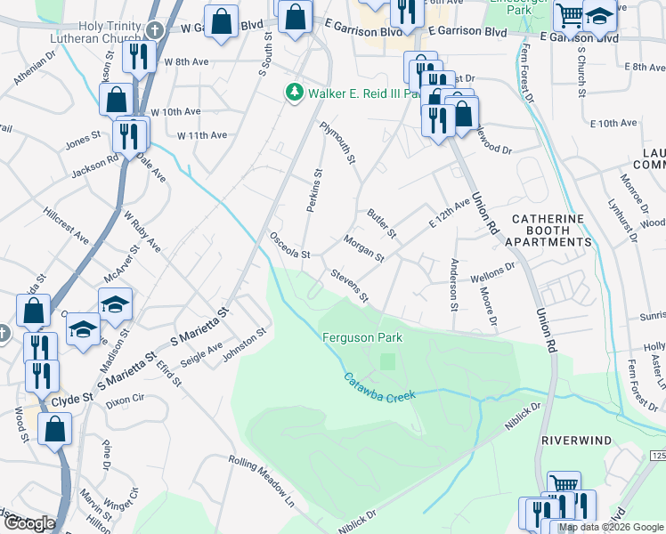 map of restaurants, bars, coffee shops, grocery stores, and more near 324 Stevens Street in Gastonia