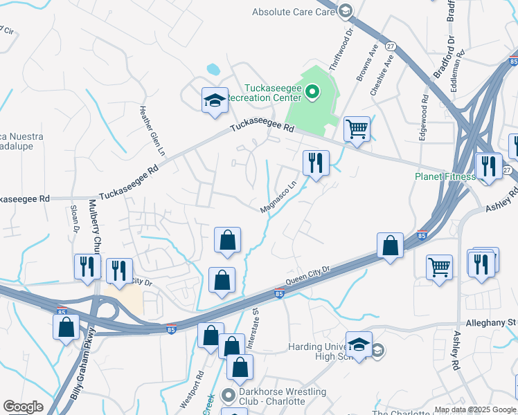 map of restaurants, bars, coffee shops, grocery stores, and more near 5006 Magnasco Lane in Charlotte