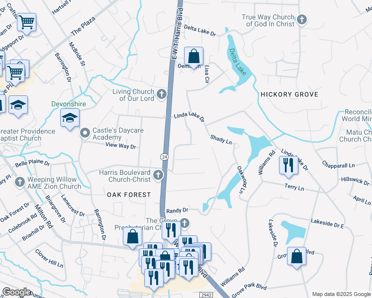map of restaurants, bars, coffee shops, grocery stores, and more near 7023 Misty Morn Drive in Charlotte