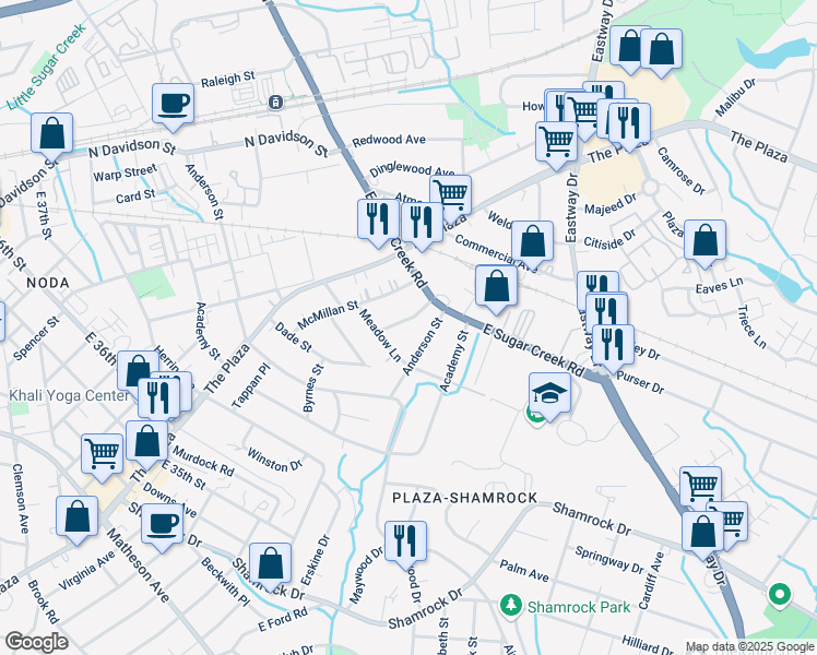 map of restaurants, bars, coffee shops, grocery stores, and more near 1901 Anderson Street in Charlotte
