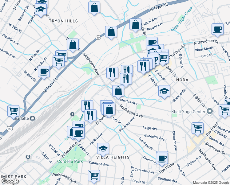 map of restaurants, bars, coffee shops, grocery stores, and more near 529 Charles Avenue in Charlotte