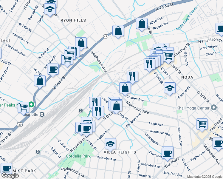 map of restaurants, bars, coffee shops, grocery stores, and more near 423 Charles Avenue in Charlotte