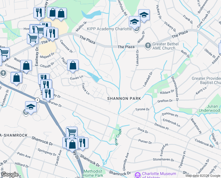 map of restaurants, bars, coffee shops, grocery stores, and more near 1748 Holliford Court in Charlotte